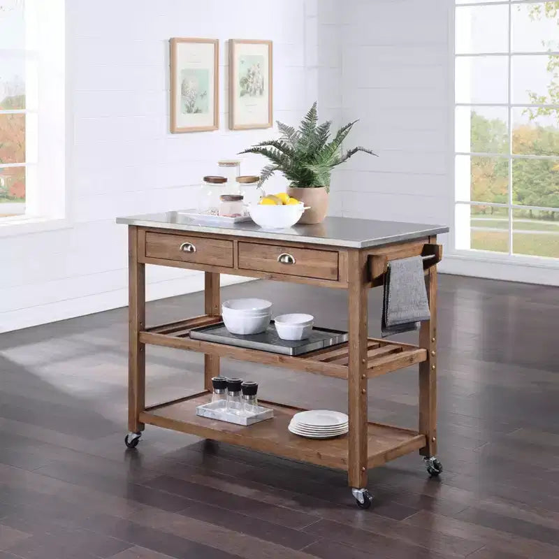 Sonoma Kitchen Cart with Stainless Steel Top Wire Brush Barnwood Brown - Boraam: Mid-Century Modern, 2 Drawers, 2 Shelves