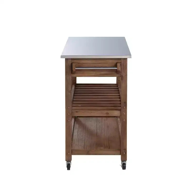 Sonoma Kitchen Cart with Stainless Steel Top Wire Brush Barnwood Brown - Boraam: Mid-Century Modern, 2 Drawers, 2 Shelves